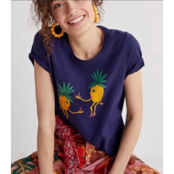 2/$30 Anthropologie Kendra Dandy Pineapple Cotton Tee Navy Blue Size S - Picture 1 of 9